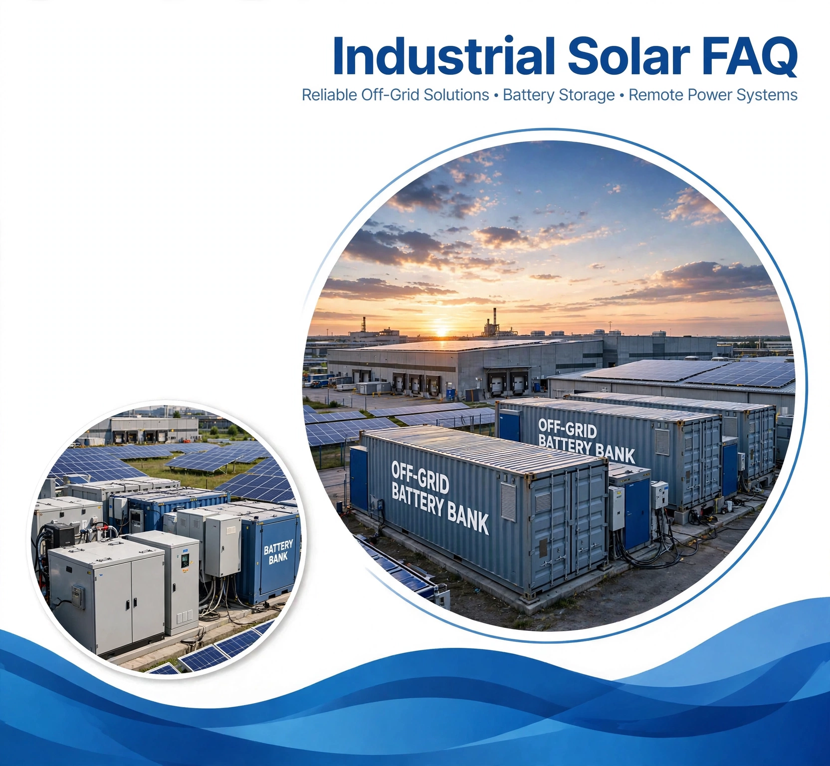 Off-grid solar plant with battery storage and solar panels